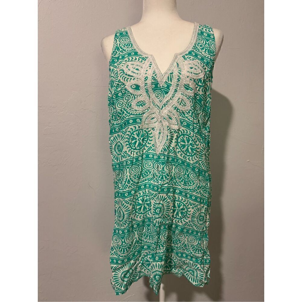 Mud pie green white embroidered front tank dress swimwear coverup tunic top L